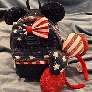 Disney Parks Americana Loungefly Stars & Stripes Sequined Mini Backpack & Ears